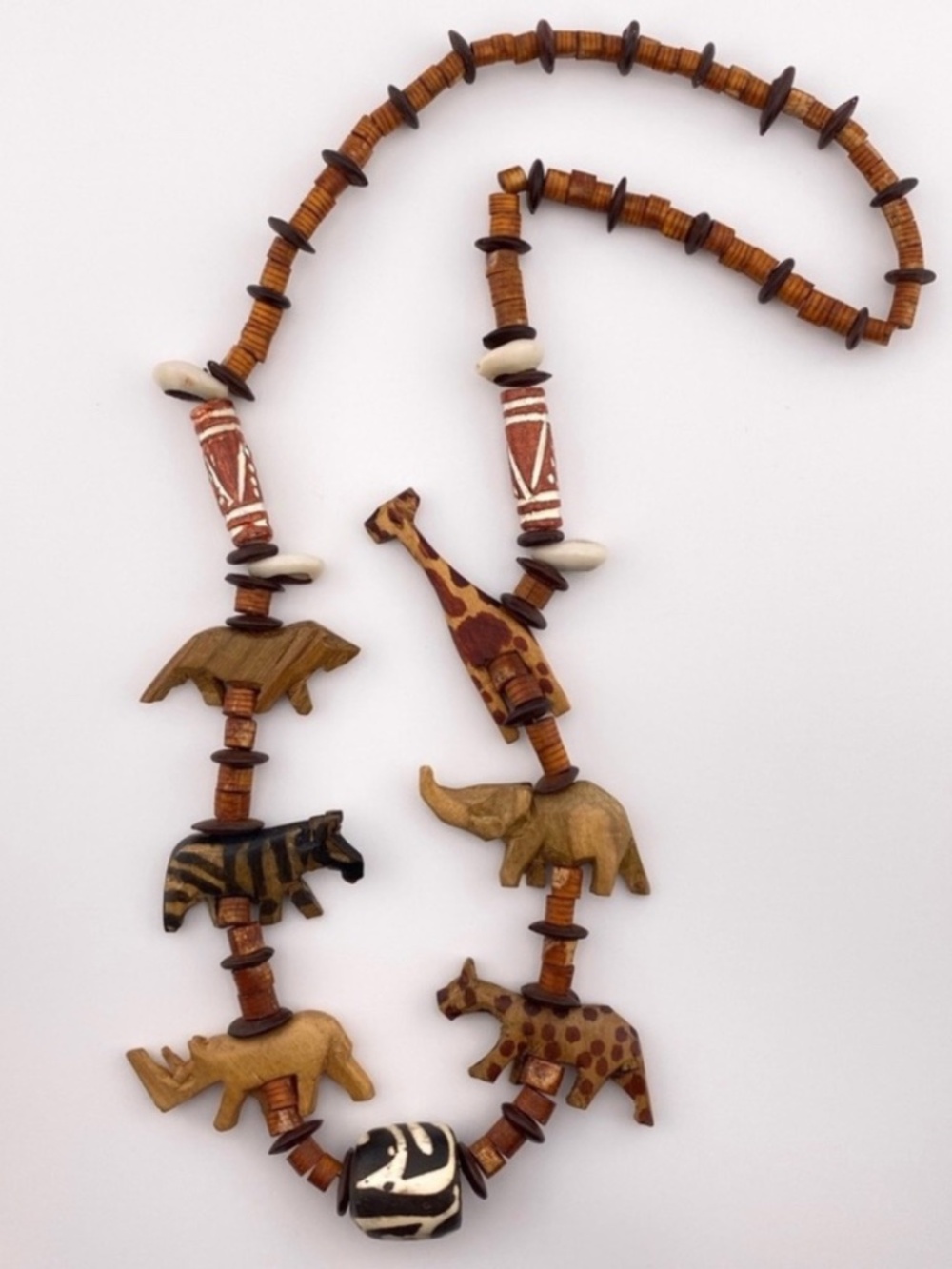 Hand Carved Wood African Safari Animals Beaded Necklace